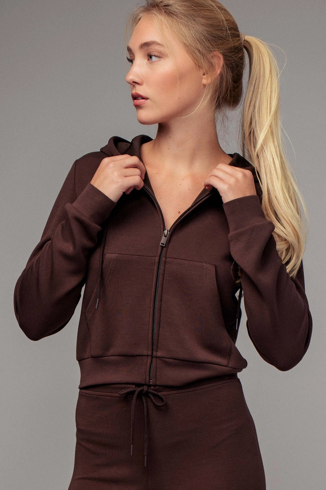 Maple zip front drawstring knit hoodie